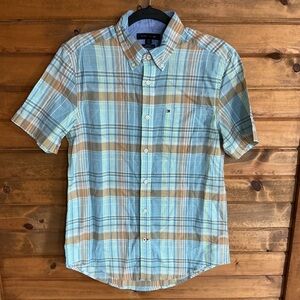 Men’s Tommy Hilfiger Short-Sleeve Plaid Button-Down Shirt - Light Blue & Tan